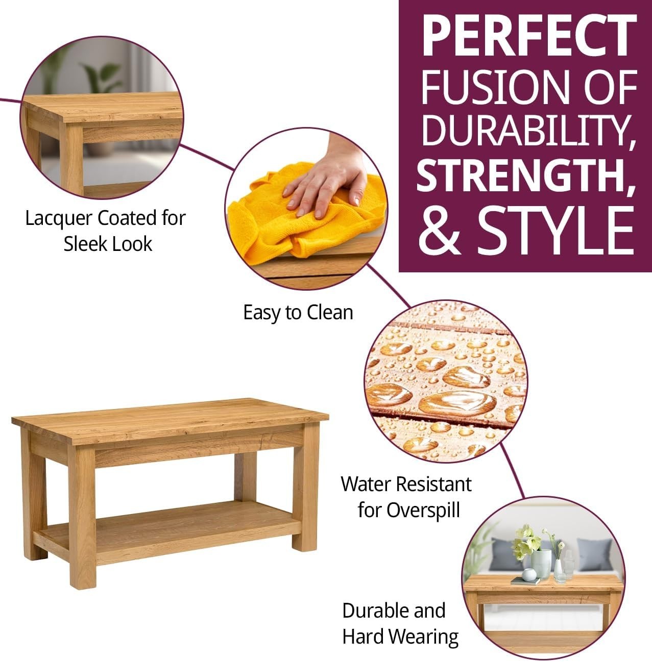 Large Solid Oak Coffee Table with Storage Shelf 90x45x45cm Durable Design