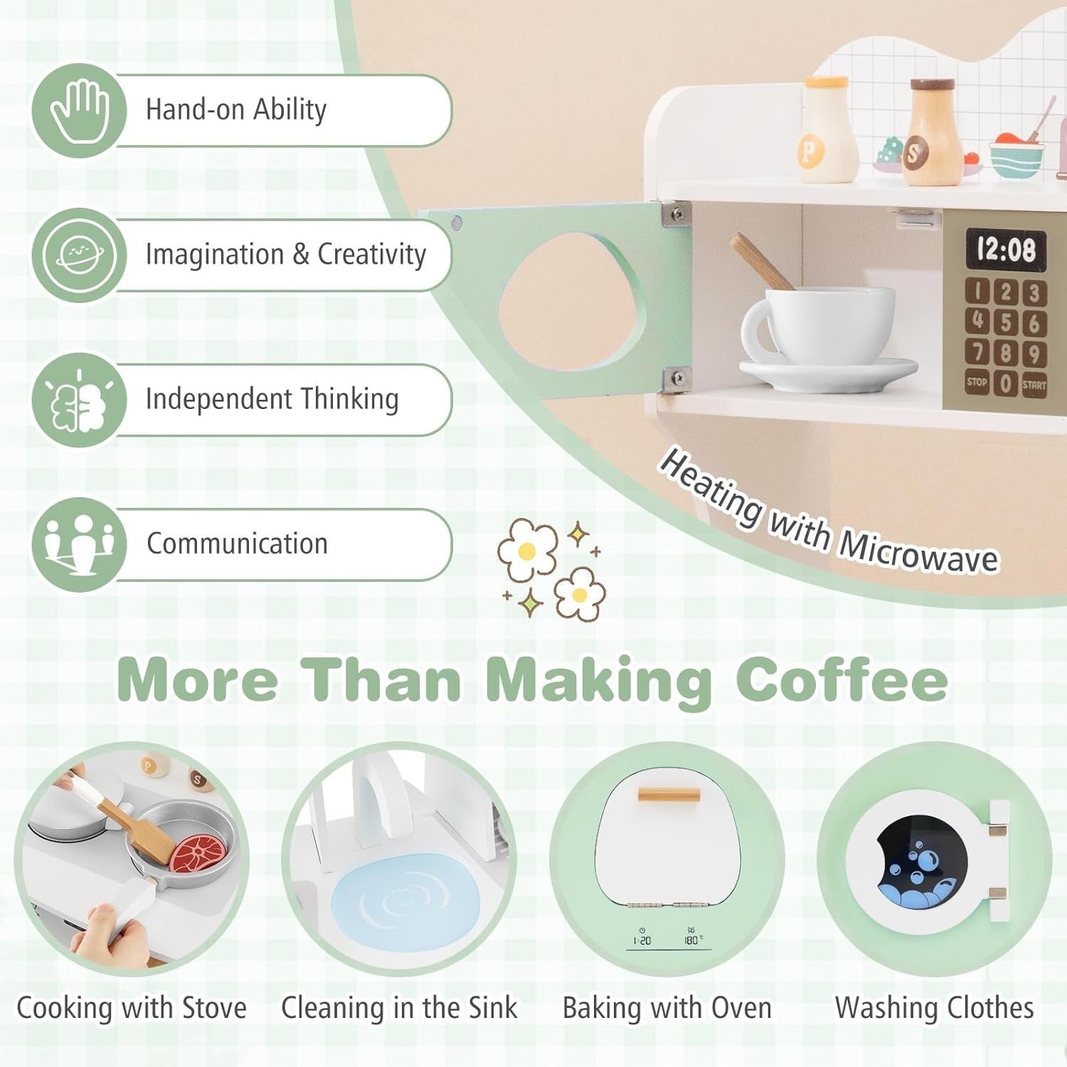 Kids Wooden Play Kitchen w/ Coffee Maker Microwave Green Toy