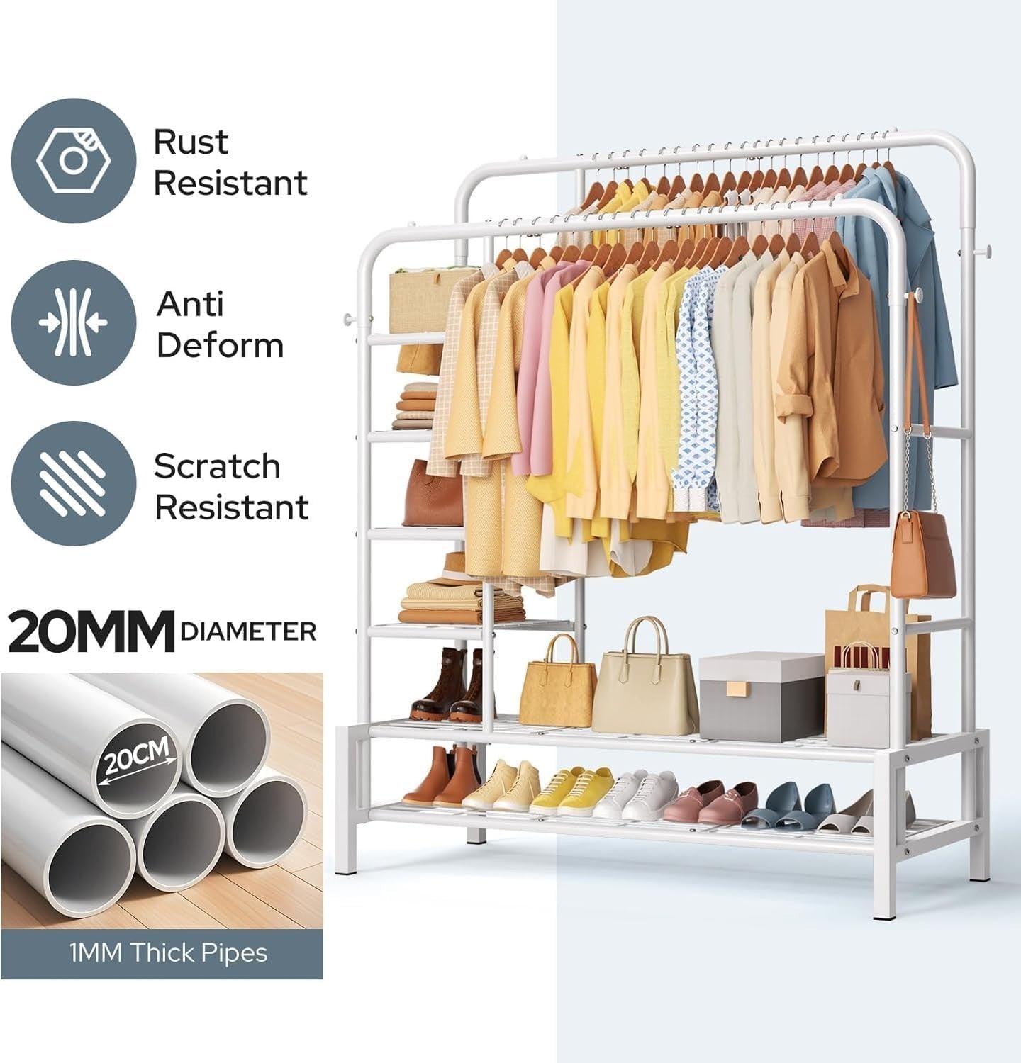 Heavy Duty Clothes Rail Double Rods Shelves Shoe Rack White