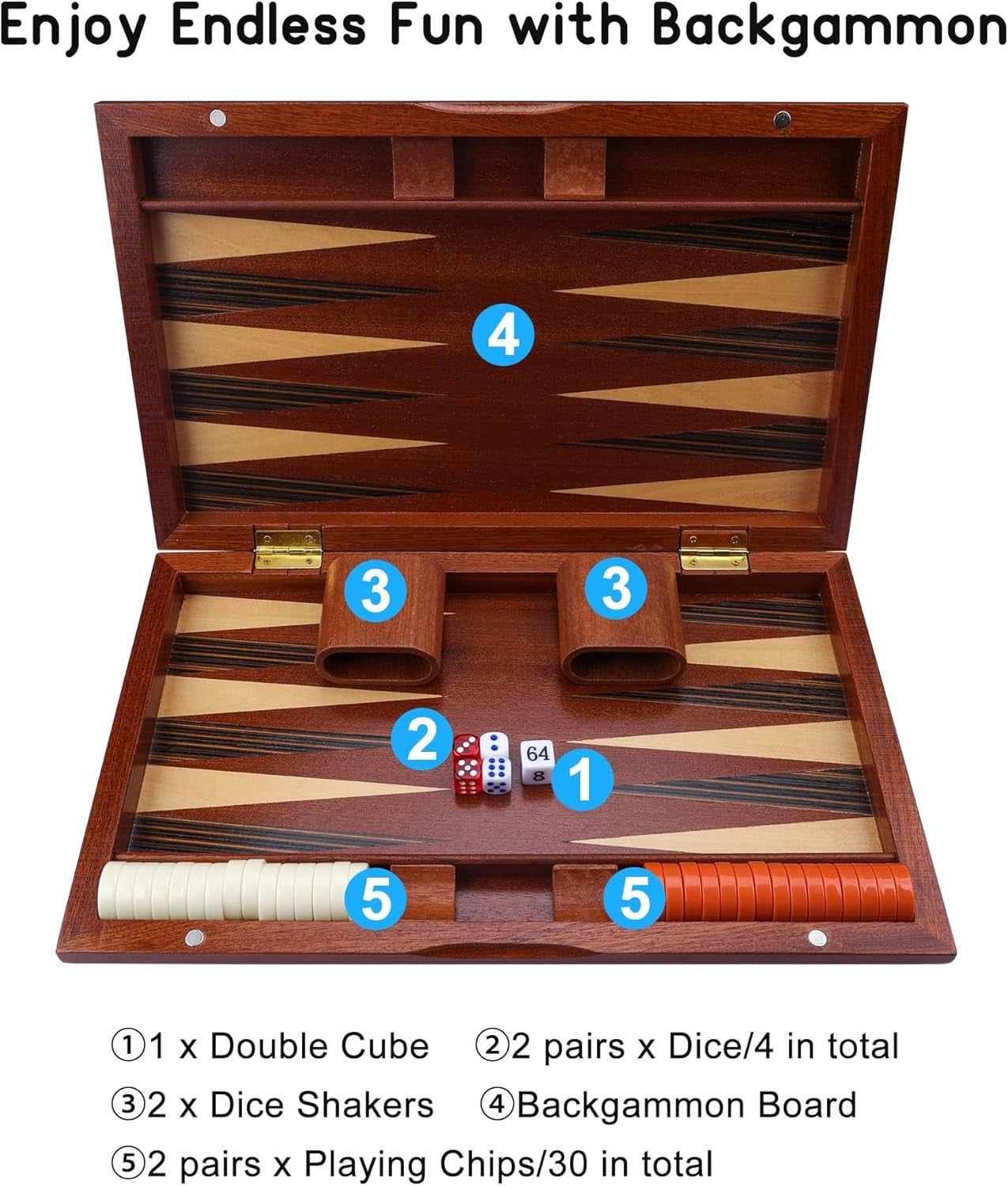 Wooden Backgammon Set 15in Folding Classic Board Game Travel Strategy Set