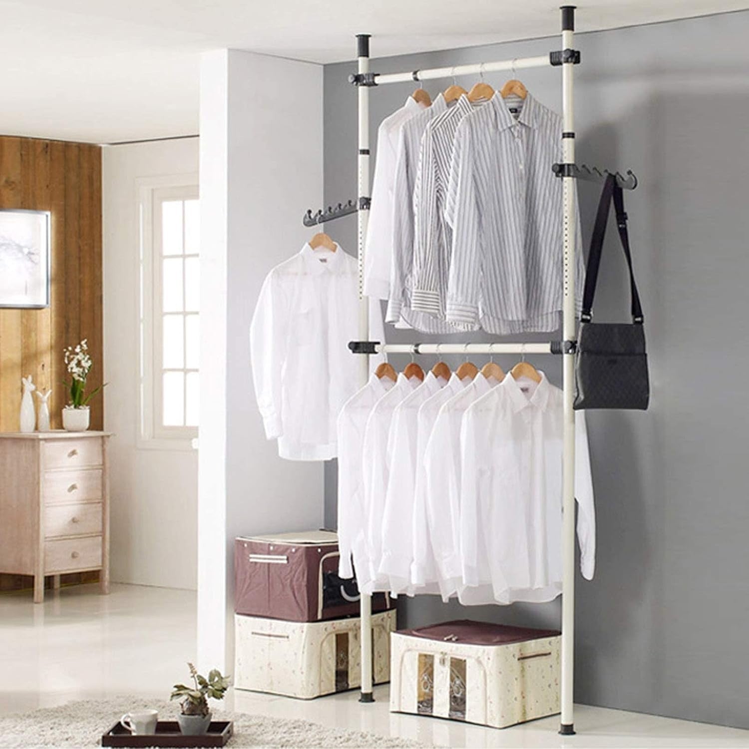 Adjustable Hanging Clothes Rail with 2 Bars White 270–320cm