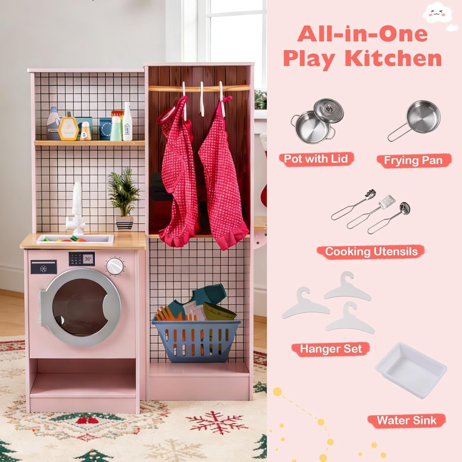 Kids Wooden Play Kitchen Laundry Set Lights Sounds Pink Toy Kitchen