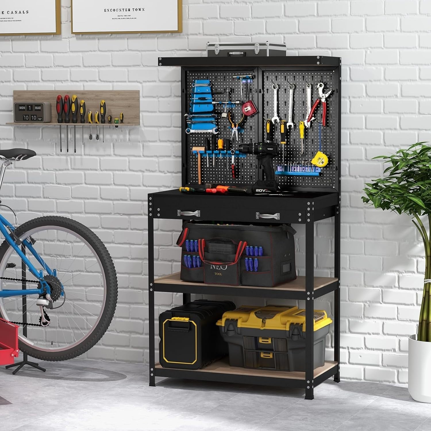 Heavy Duty Garage Workbench with Pegboard Drawer Hooks Tool Station 81x41cm