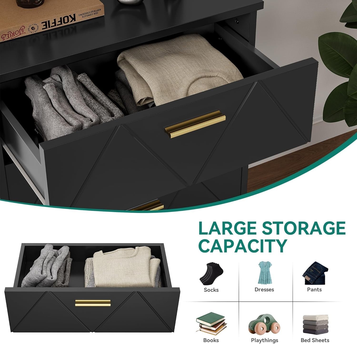 Black 4 Drawer Chest Bedroom Storage Cabinet Modern Wooden Organizer