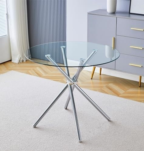 Round Glass Dining Table 90cm Tempered Top Stainless Steel Legs Modern