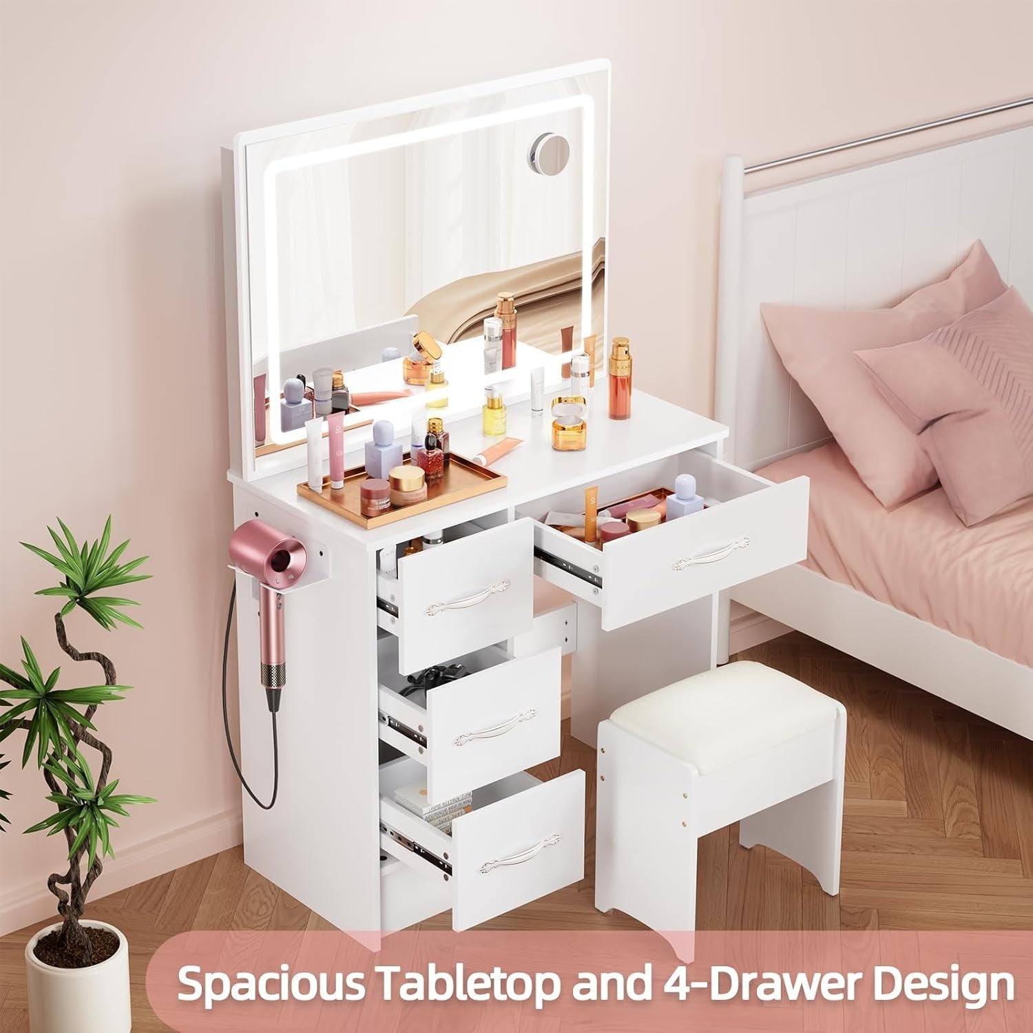 White LED Dressing Table Set w/10 Lights Mirror 5 Drawers Corner Vanity Desk