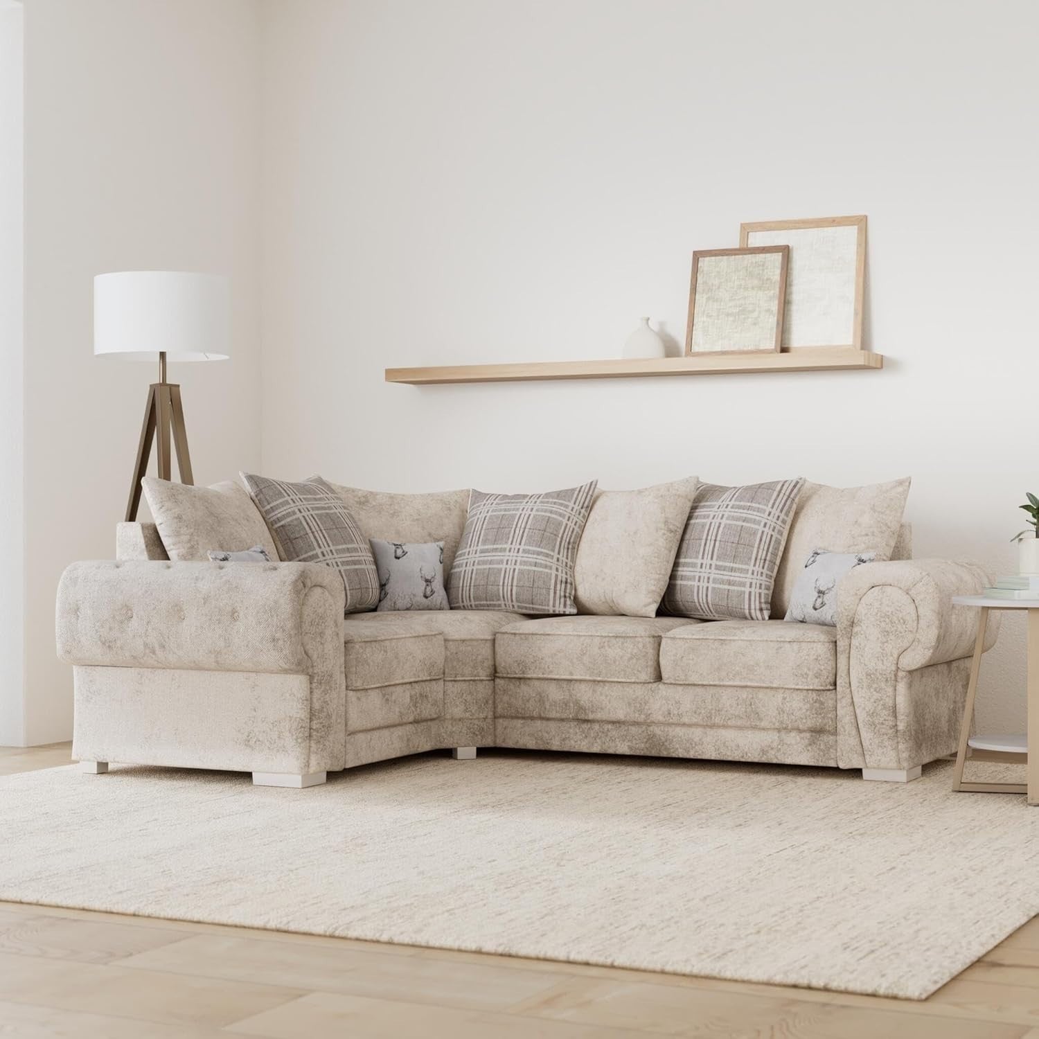 Beige Fabric Corner Sofa 4 Seater L Shape Couch with Cushions 220x160cm RH