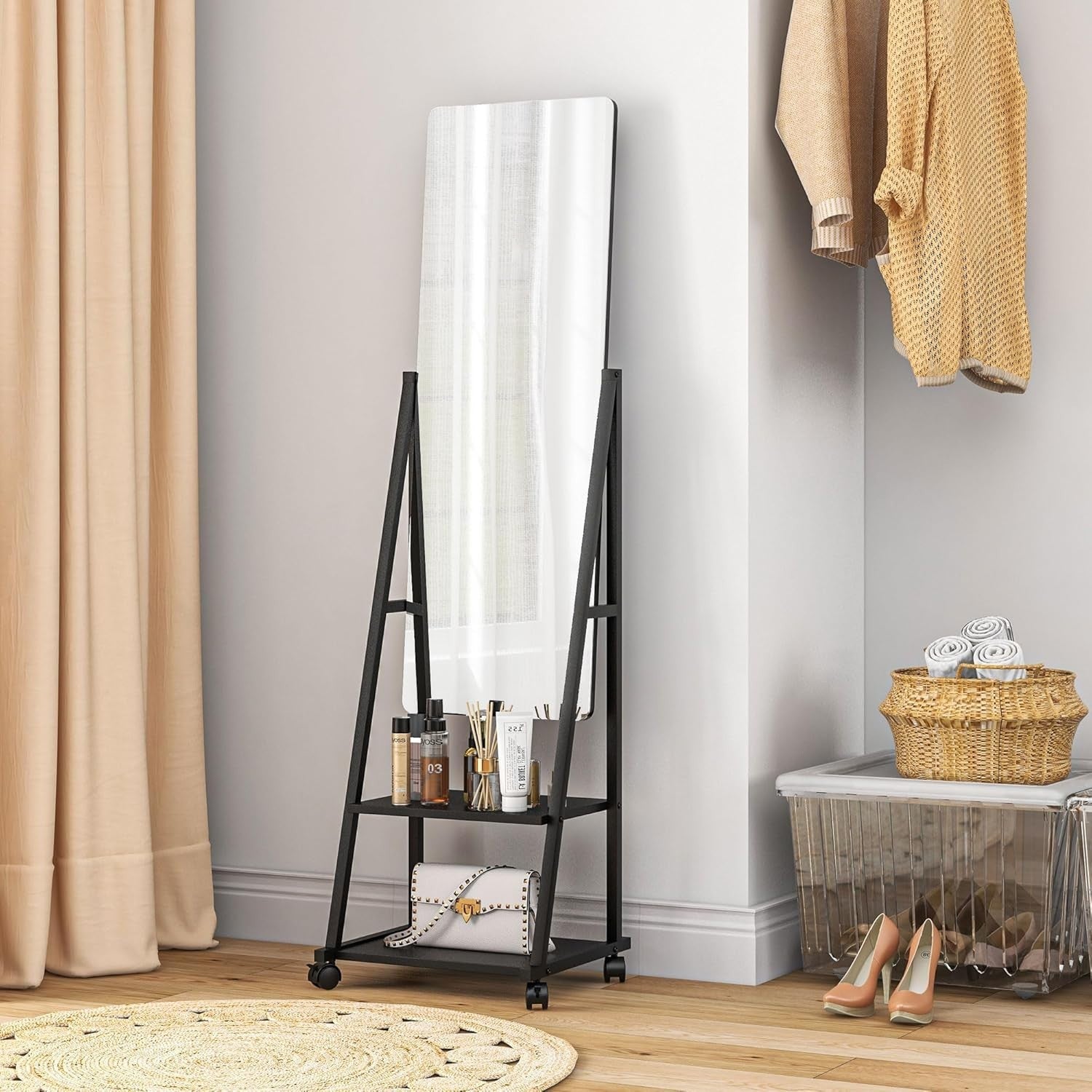 Full Length Adjustable Mirror on Wheels with Storage Shelves, 155cm