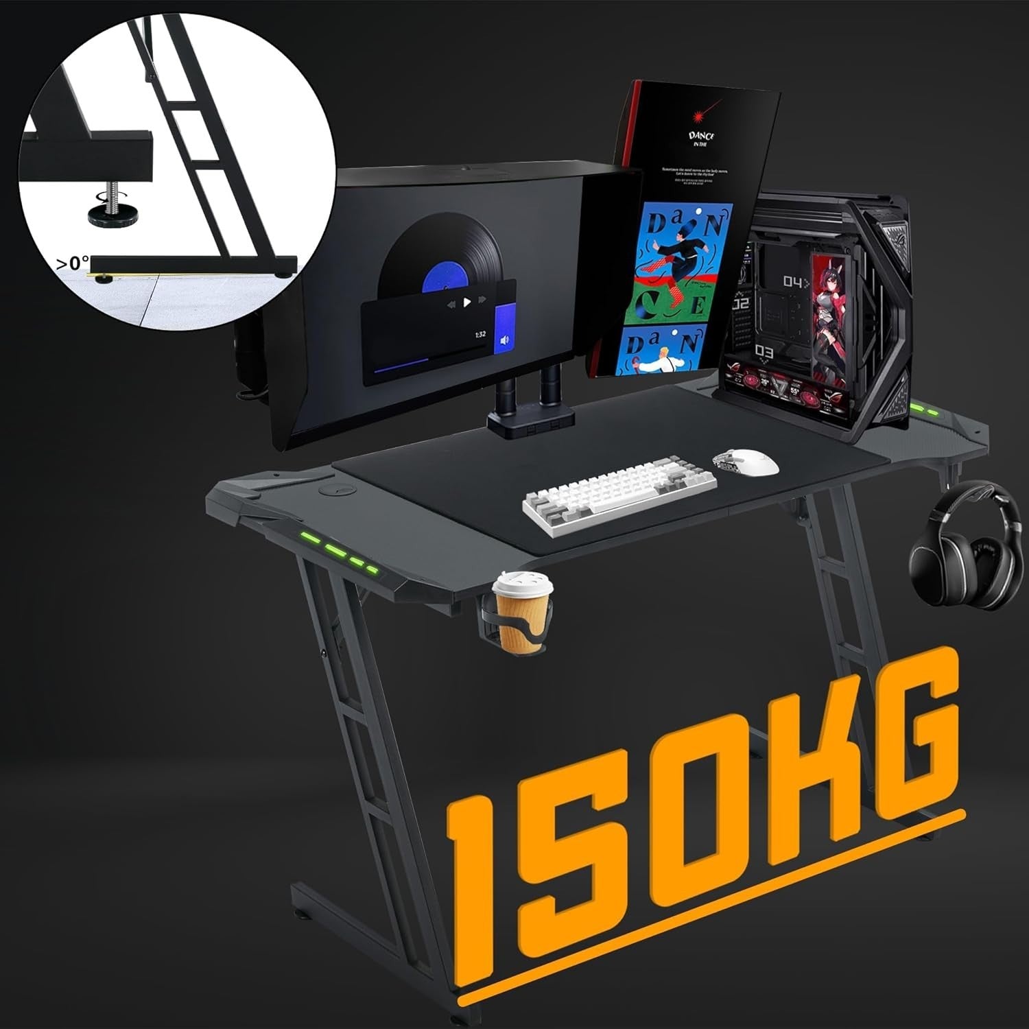 Gaming Desk w/LED, 120×60cm Carbon Fiber Computer Table, Black Z-Frame