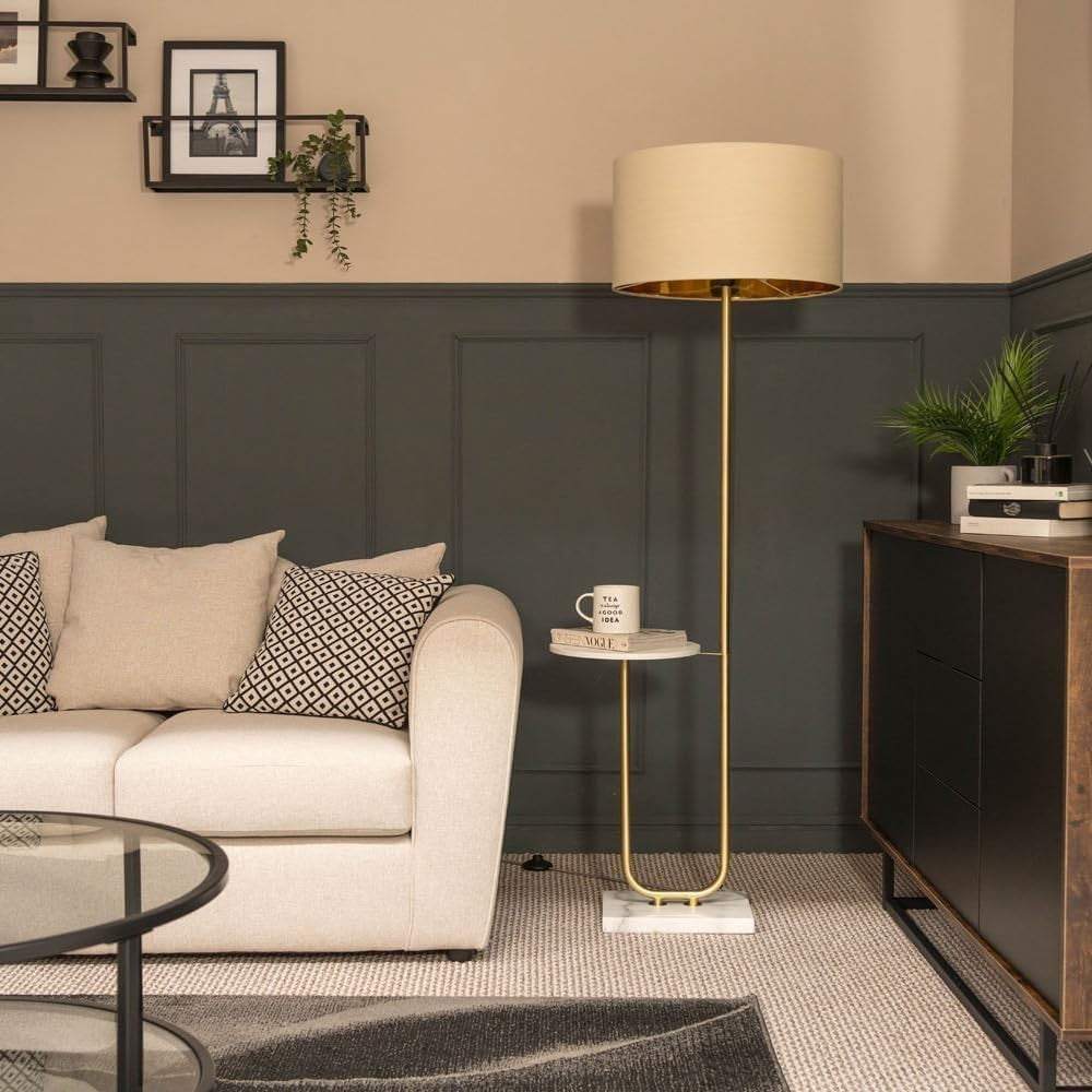 Modern Gold Floor Lamp with Shelf & Beige Shade, 6W Bulb Included, 152cm