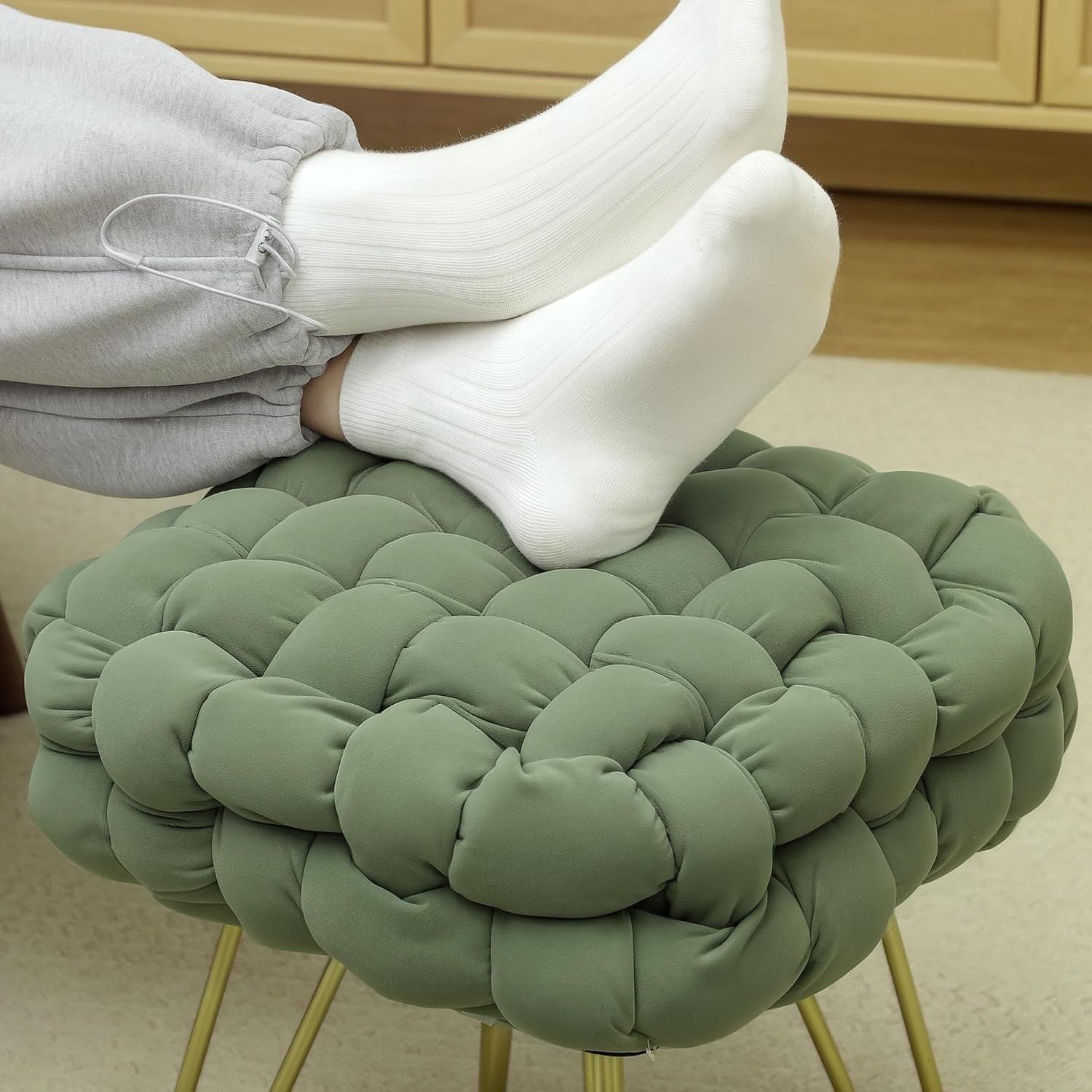 Dark Green Square Footstool Woven Velvet Ottoman Metal Leg Vanity Seat