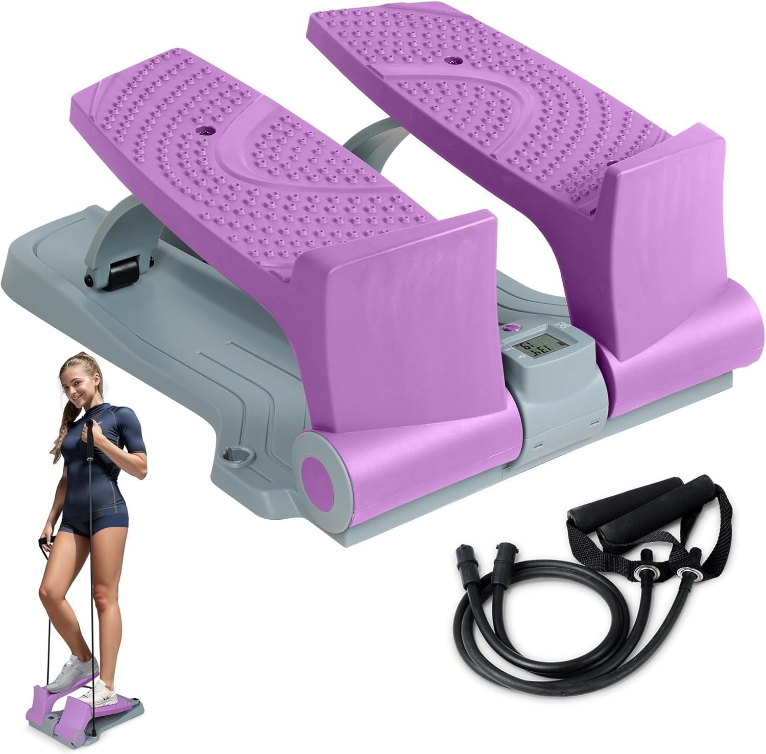 Mini Twist Stepper w/ LCD Monitor, Hydraulic System & Resistance Bands – Pink