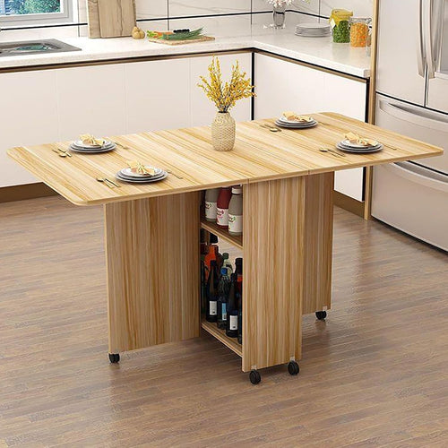 Space-Saving Drop Leaf Dining Table with Wheels & Storage Shelves