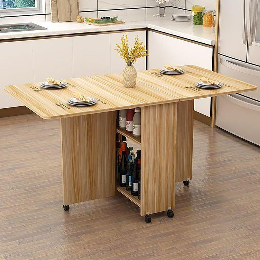 Space-Saving Drop Leaf Dining Table with Wheels & Storage Shelves