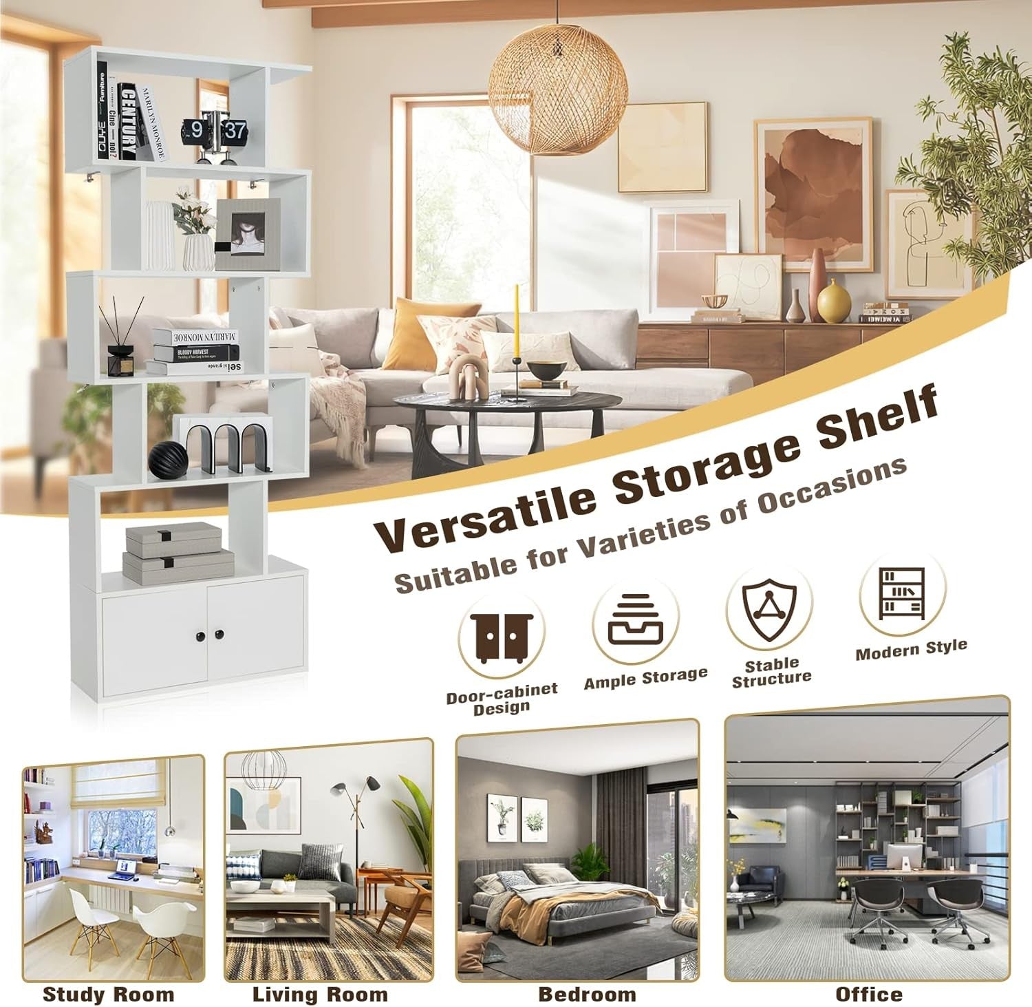 White S-Shaped 6 Tier Bookcase Tall Freestanding Storage Shelf with Cabinet
