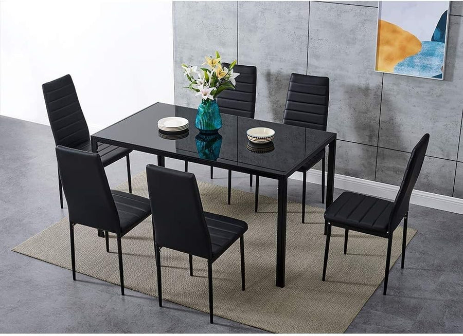 Modern 6-Seater Black Glass Dining Table Set with PU Leather Chairs
