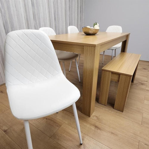 Oak Dining Table Set with 4 White Faux Leather Chairs & Bench, 6 Seater