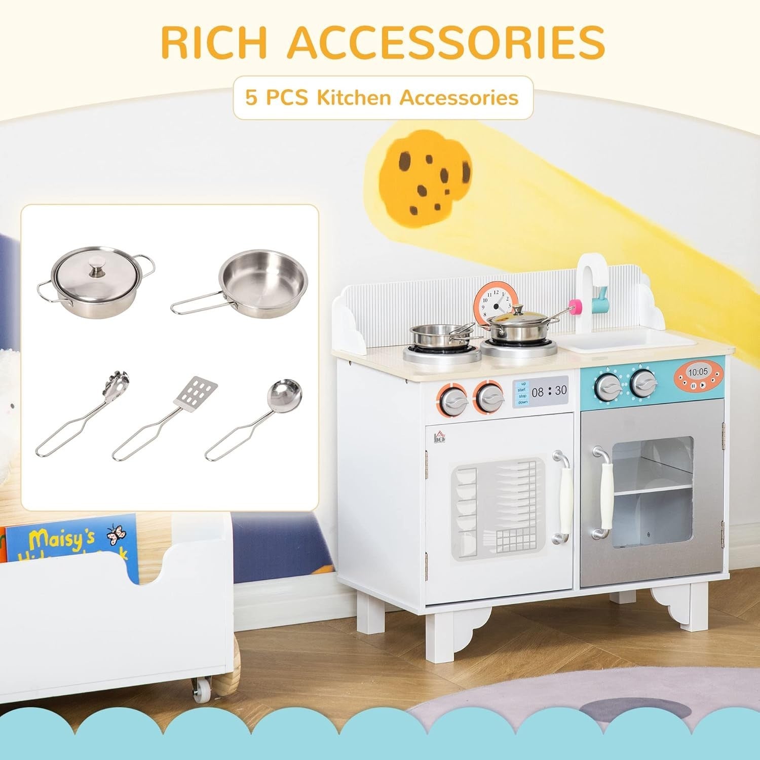 Kids Wooden Play Kitchen Toy Set w/ Sink Pots Storage White