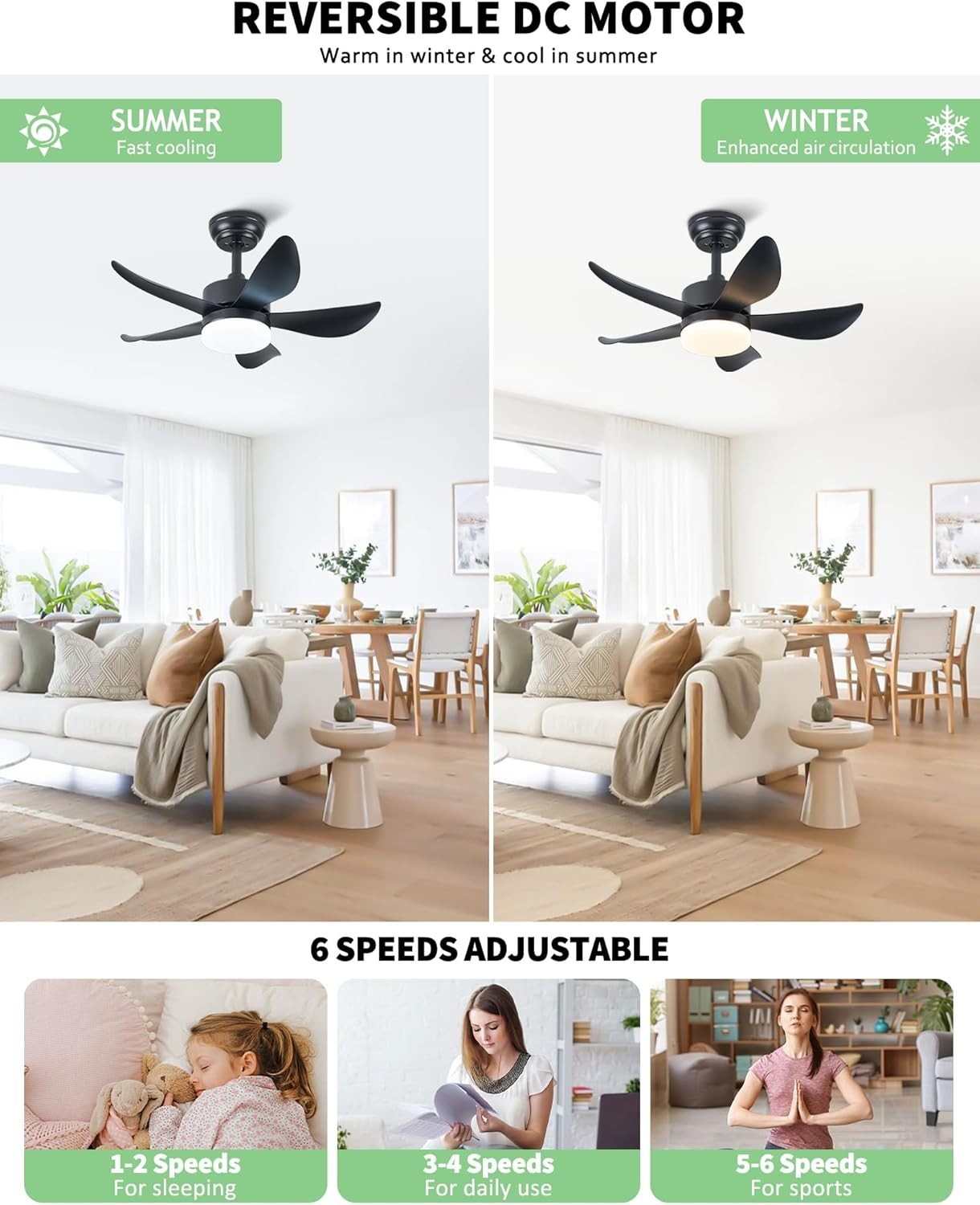 30" Ceiling Fan Light, 6 Speeds, Dimmable LED, Reversible, Quiet Remote Control