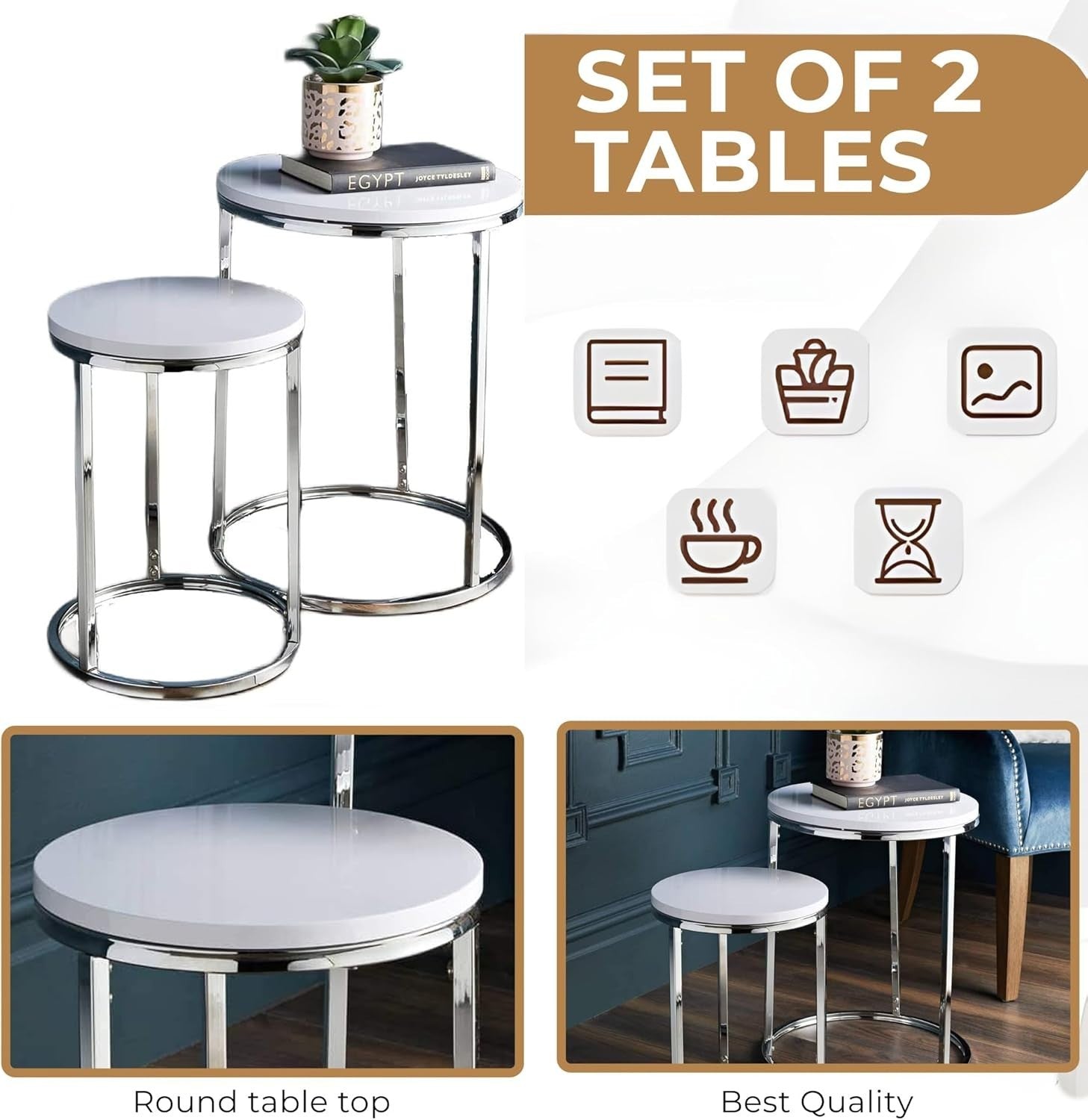Space Saving White Nesting Side End Tables Set of 2 Chrome Legs Living Room