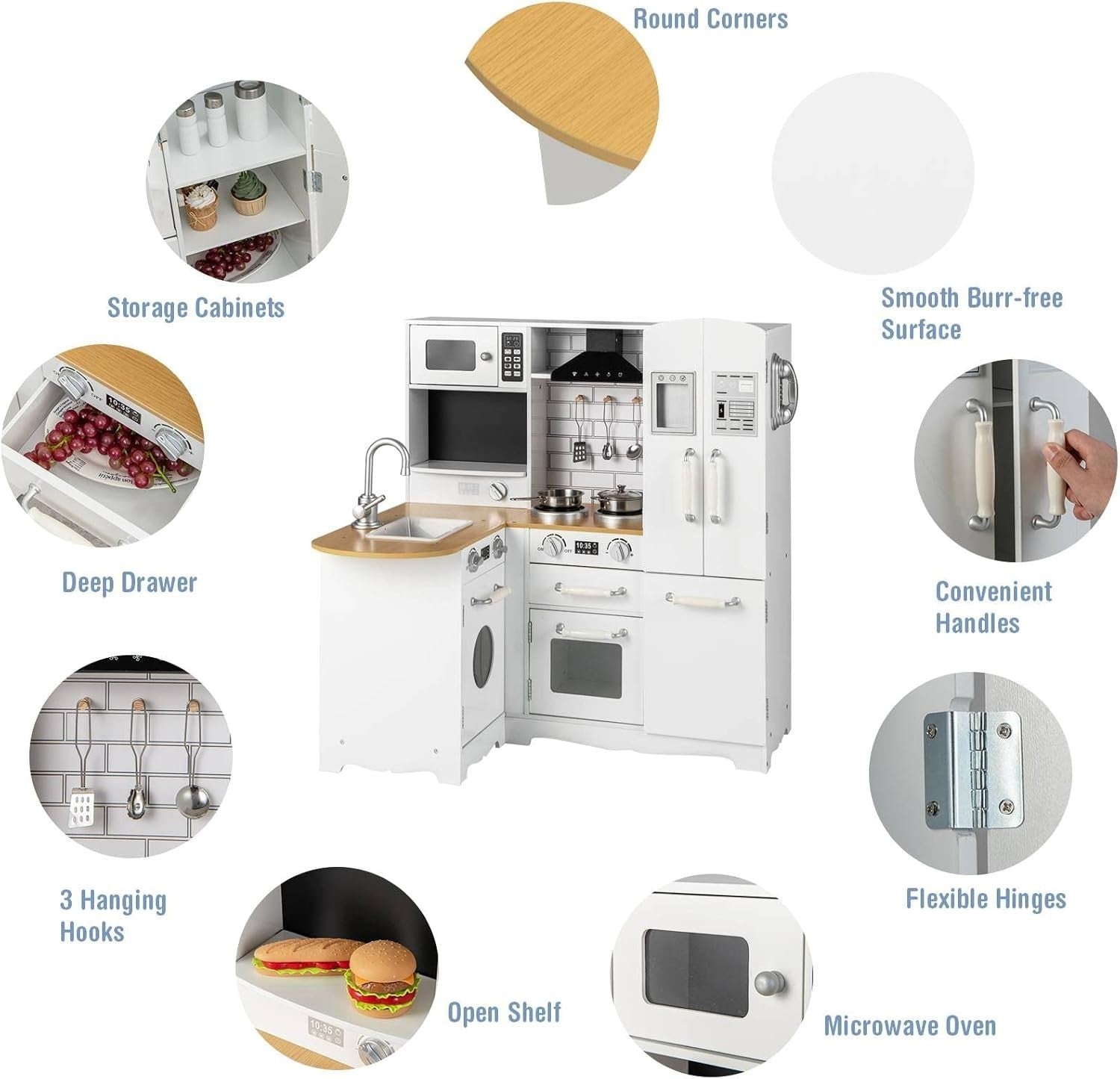 Kids Corner Wooden Play Kitchen White 11-in-1 Toy Cooking Set