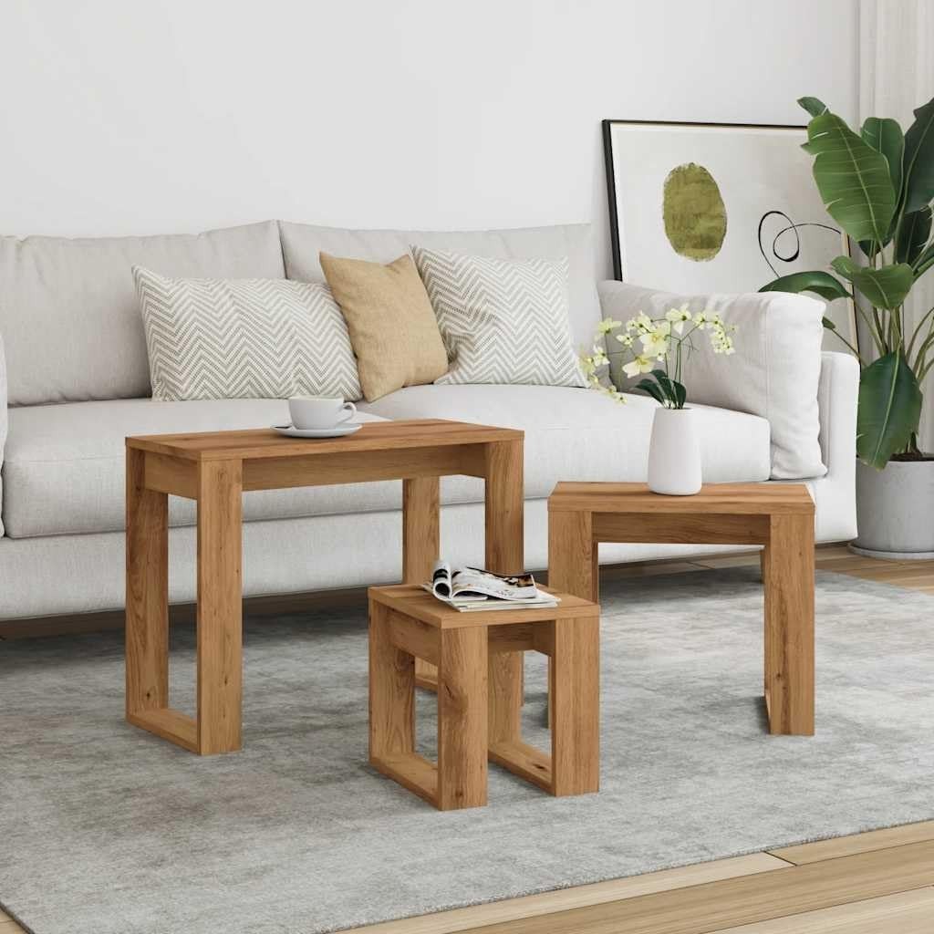 Artisan Oak Nesting Coffee Table End Side Wheel Wood Living Room Set