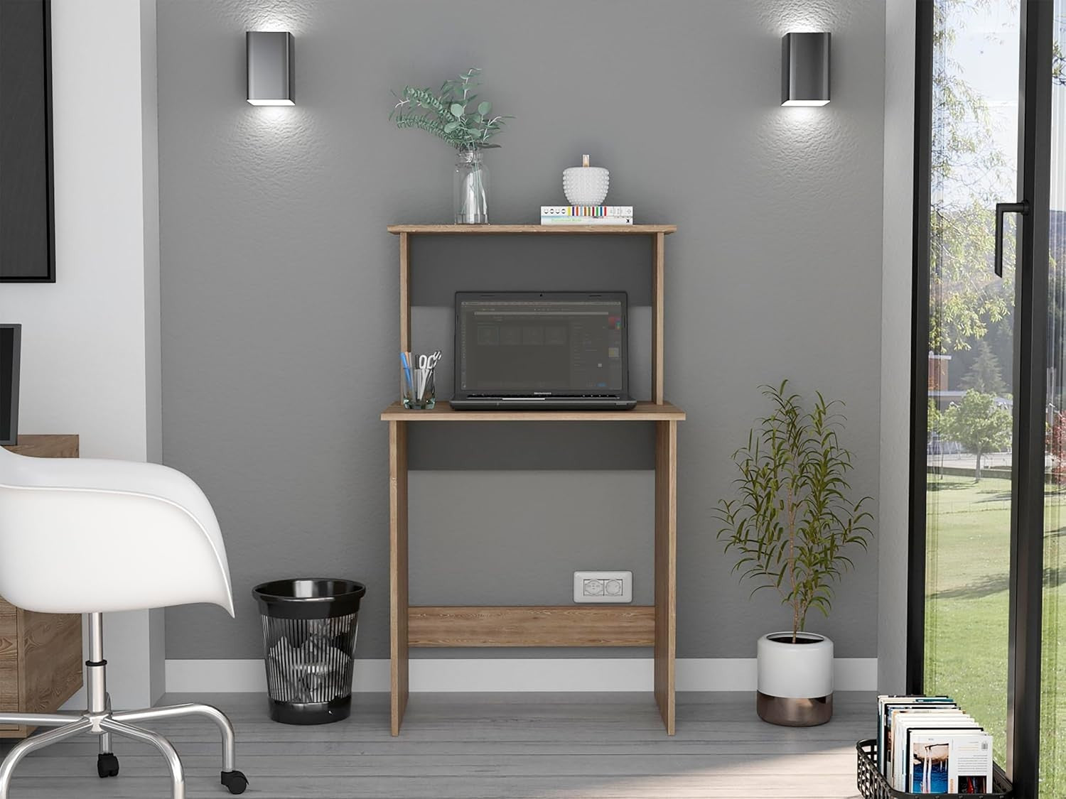 Compact Core Home Office Desk with Shelf Bleached Oak & Grey 69x45x120cm