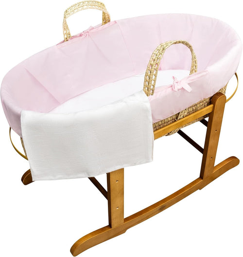 Hand-woven Palm Moses Basket with Deluxe Natural Rocking Stand & Mattress Pink