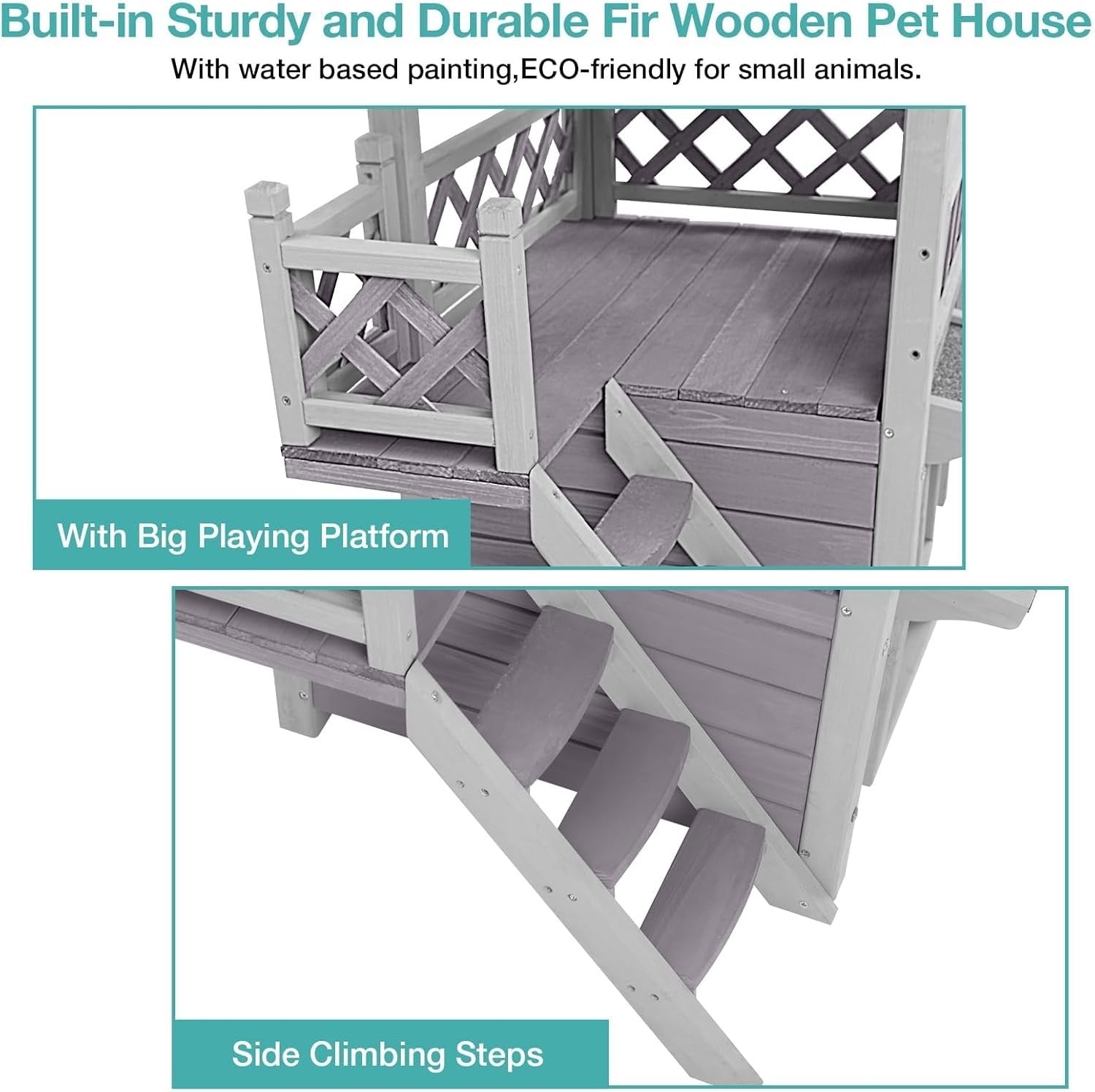 Weatherproof 2-Story Outdoor Cat House with Balcony & Side Stairs 30"L