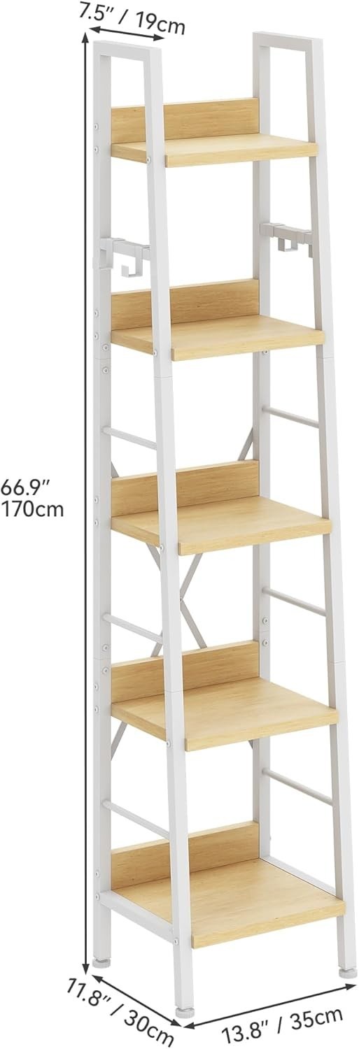 Slim 5 Tier Ladder Bookcase Narrow Storage Shelf Metal Wood Unit