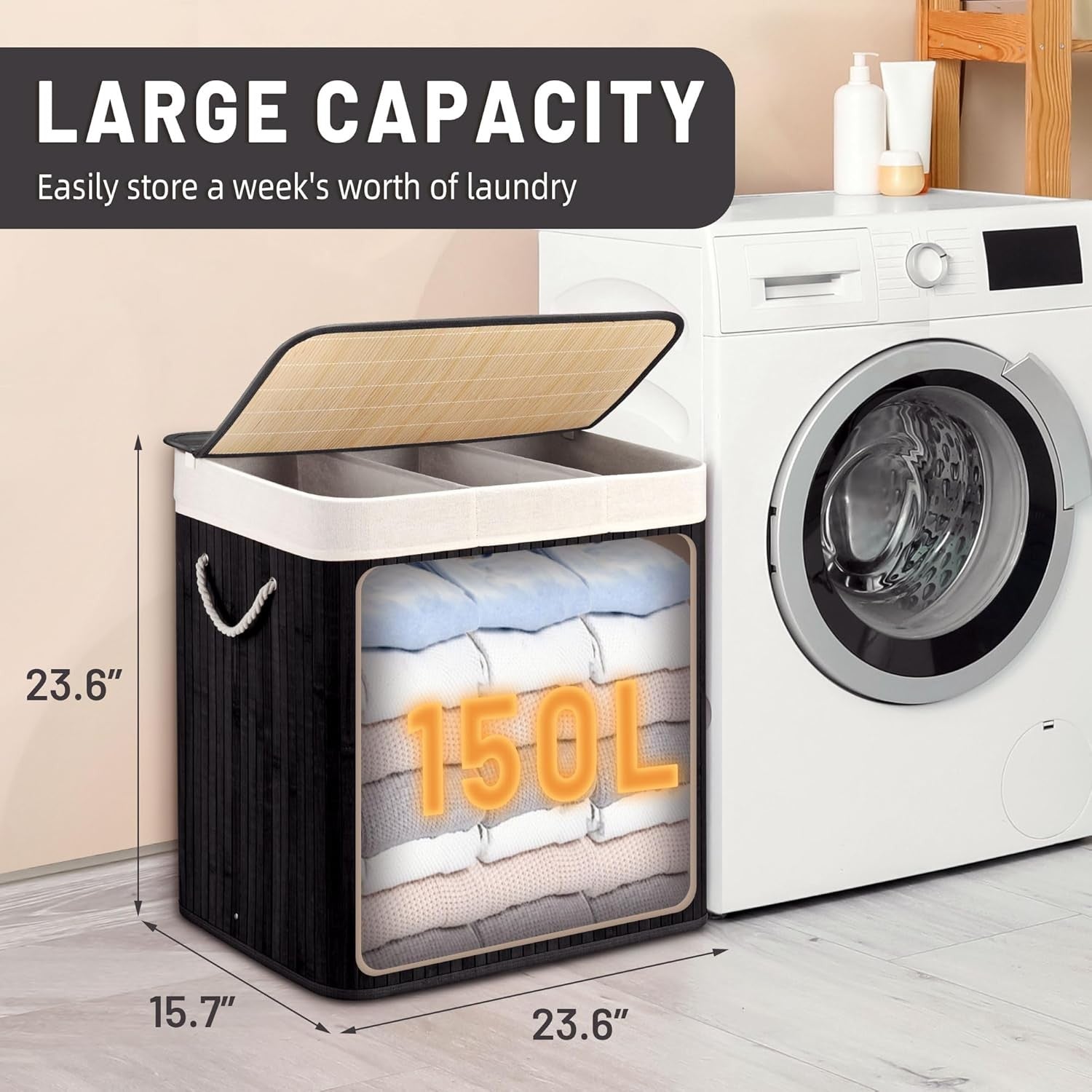 150L Bamboo Laundry Hamper with Lid 3-Section Foldable Clothes Basket Black