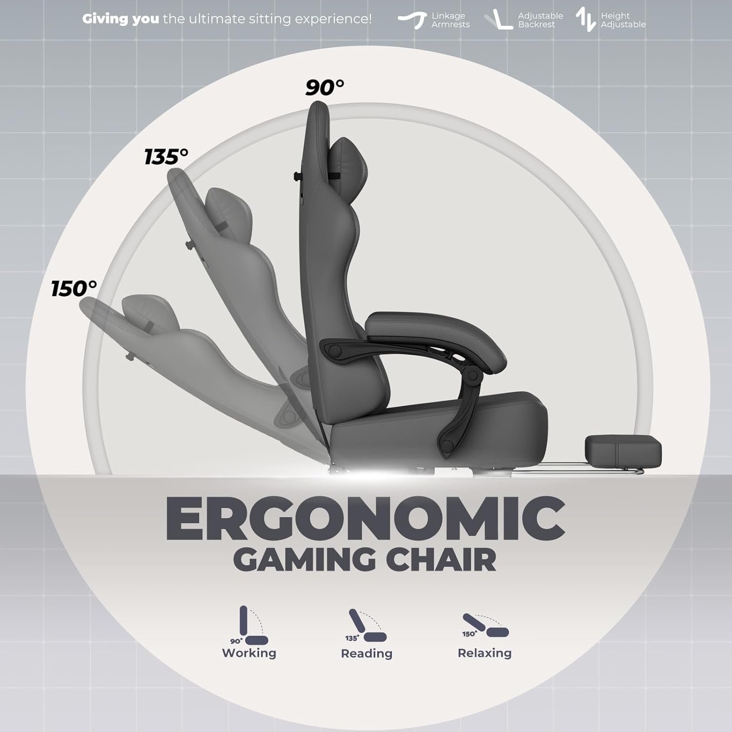 Ergonomic Gaming Chair w/ Footrest Reclining Office Desk Grey