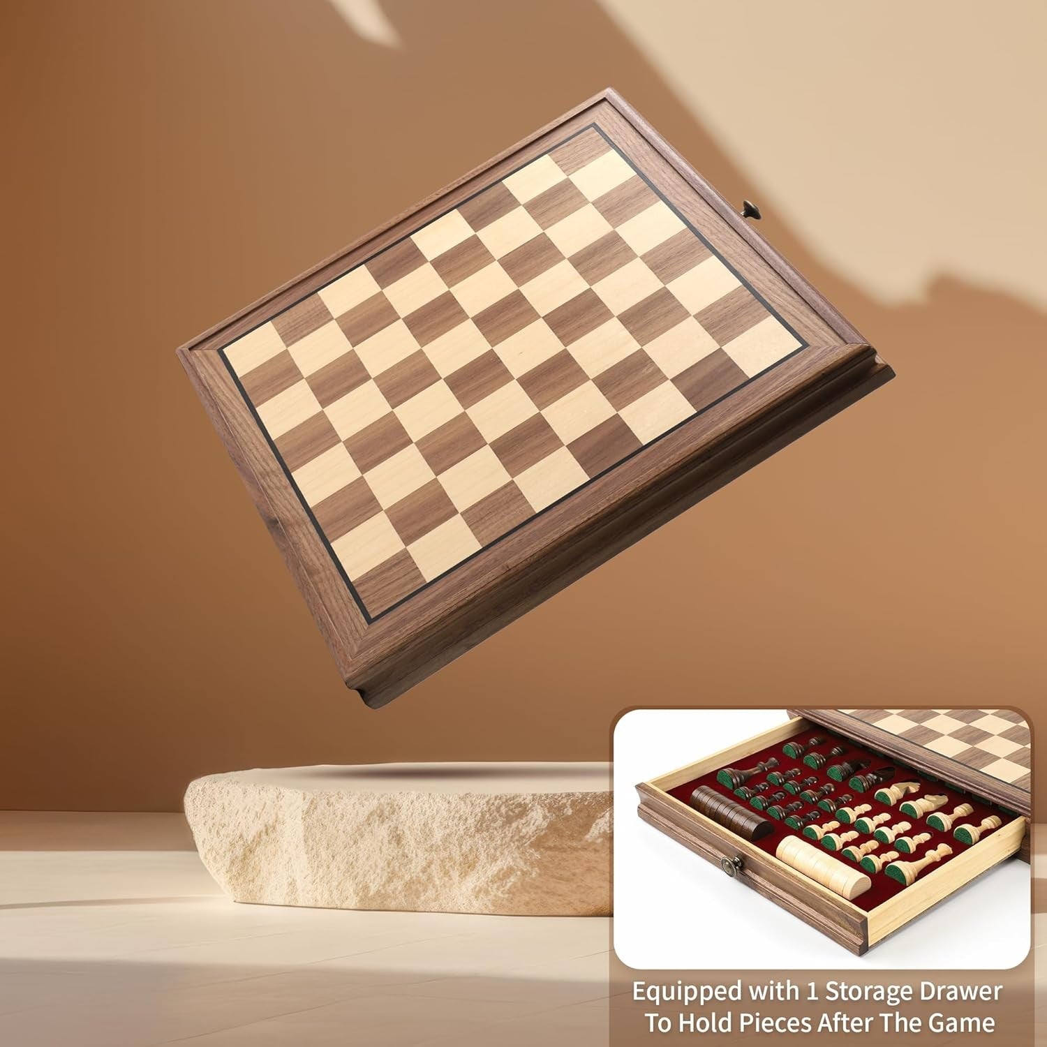 Premium Walnut Magnetic Chess Set 13” With Drawer, Staunton Pieces, 2-in-1 Board
