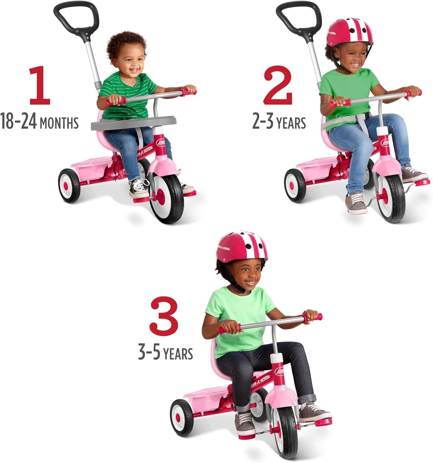 3 in 1 Toddler Tricycle Pink Kids Trike Adjustable Seat Storage 1.5-5Y