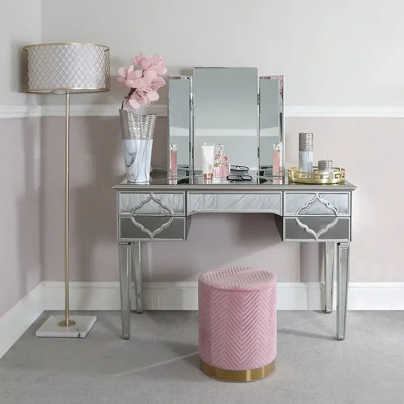 Pink Velvet Round Footstool Ottoman Pouffe Seat Gold Base Modern Decor