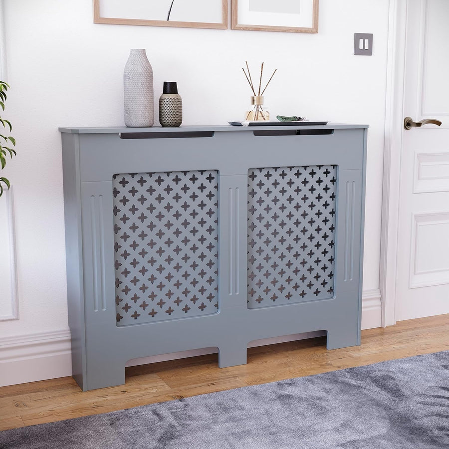 Medium Grey Radiator Cover 82x111x19cm MDF Cross Pattern Heat Efficient Cabinet