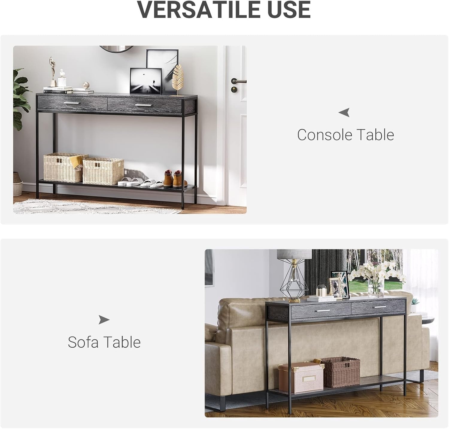 Minimalist Grey Console Table with 2 Drawers & Bottom Shelf – Durable Storage