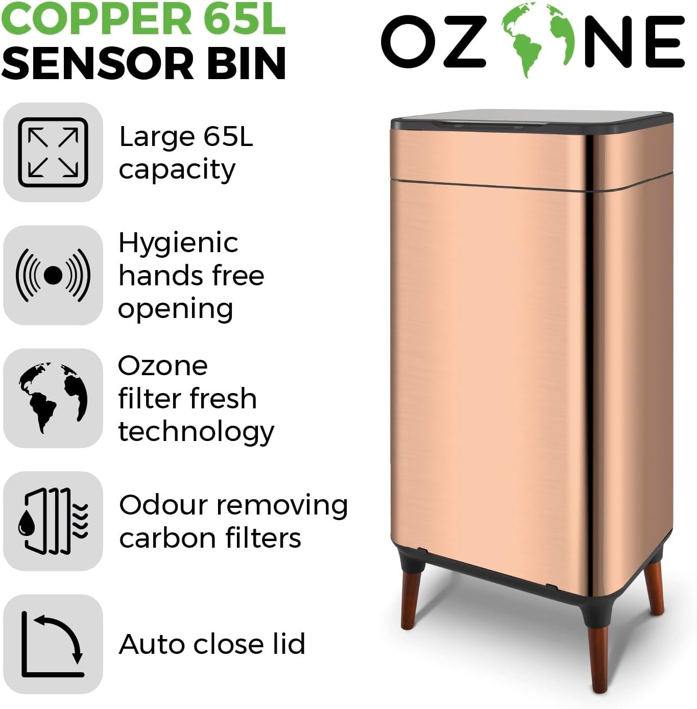 65L Touchless Kitchen Bin | Automatic Sensor Trash Can Copper Finish