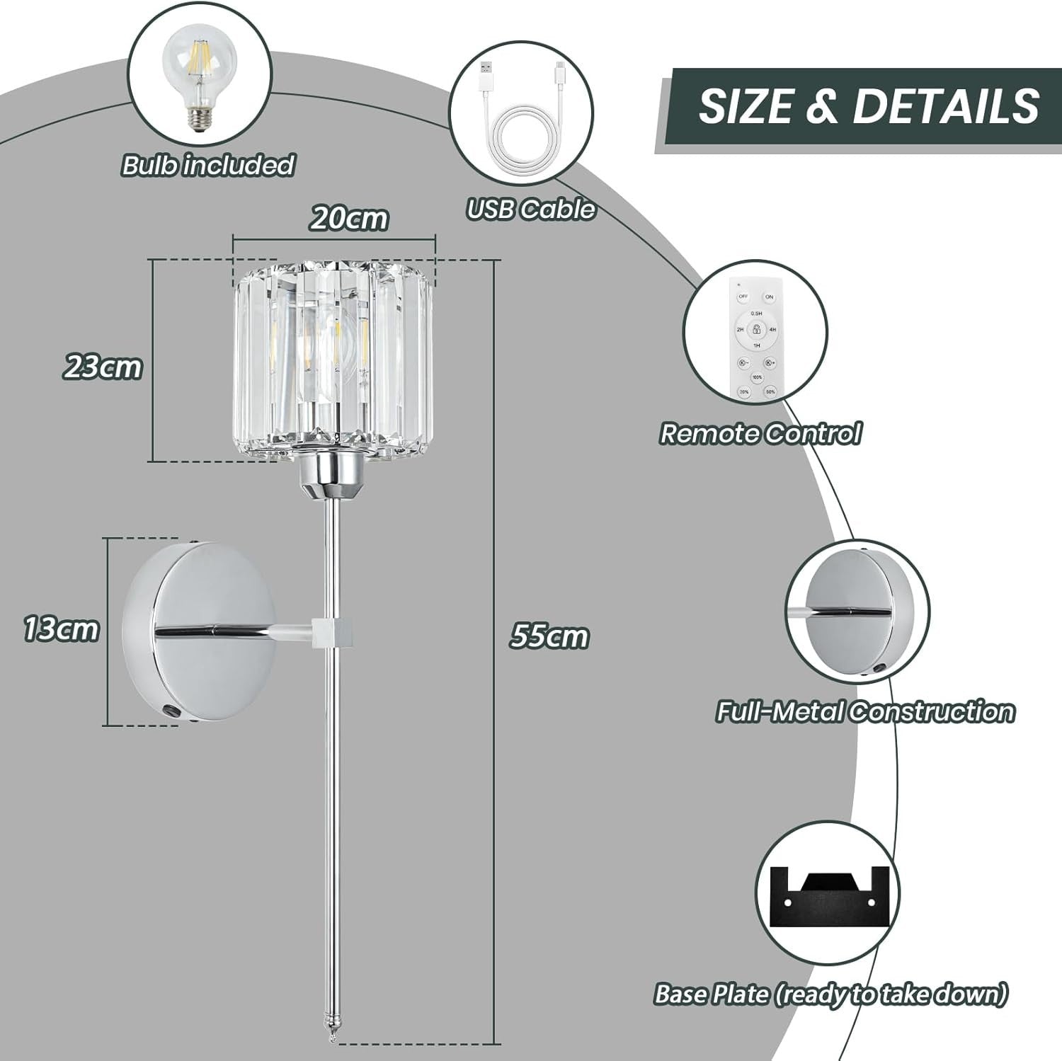 Silver Crystal Wall Sconces Set of 2 Wireless 10000mAh Lights with Remote