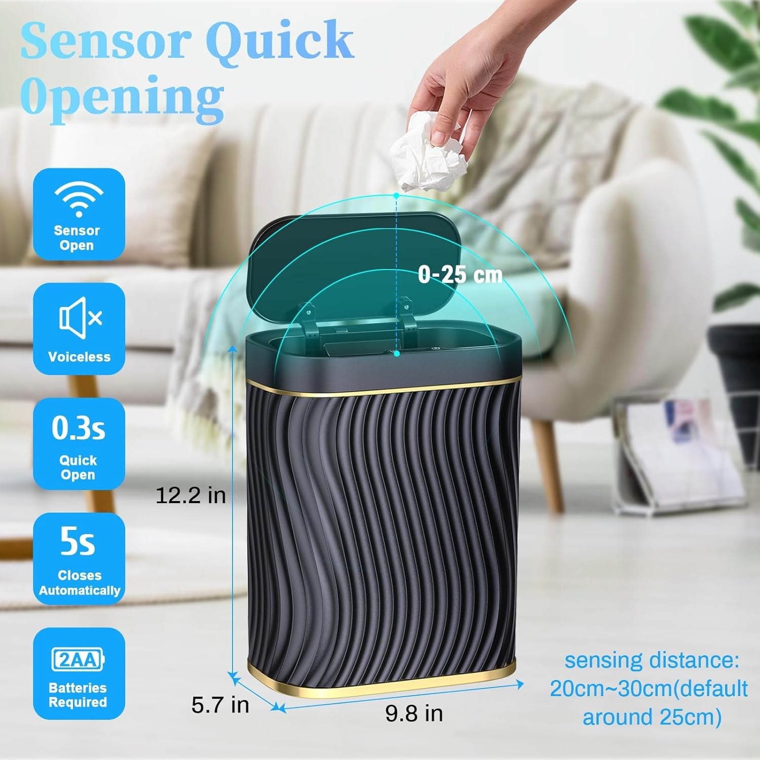 2.6 Gallon Touchless Bathroom Trash Can Slim Waterproof Bin Lid