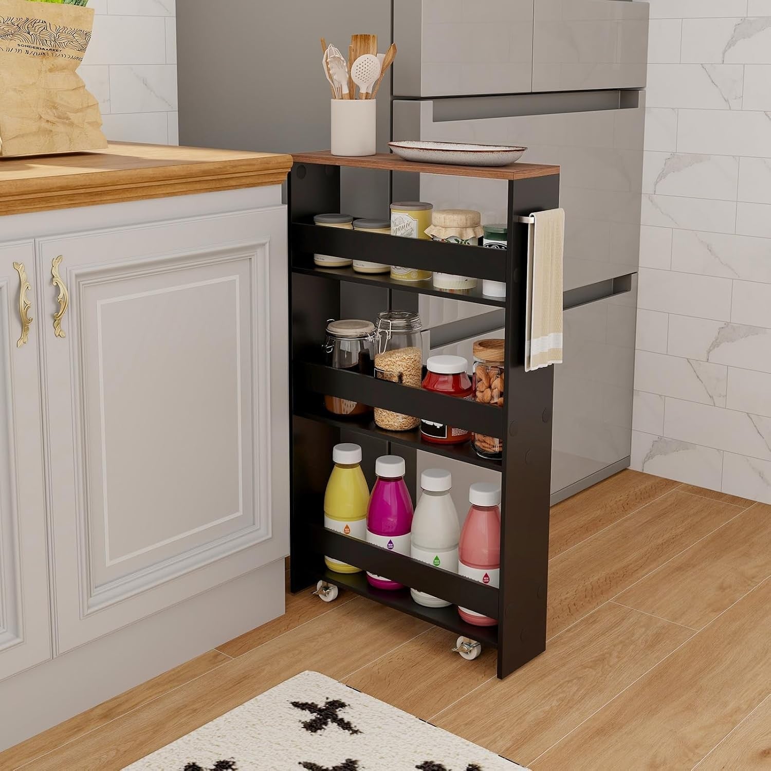 Slim Storage Trolley on Wheels 4 Tier Slide Out Kitchen Bathroom Organizer