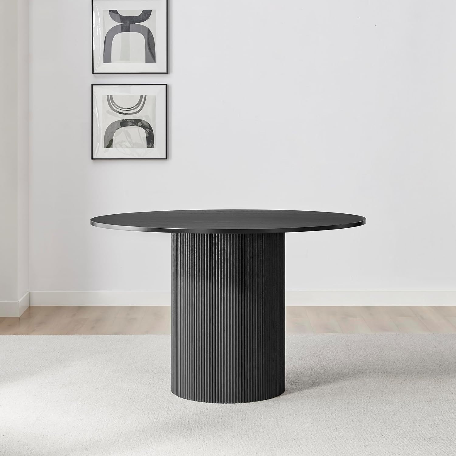 Black Round Pedestal Dining Table 120cm Scandi Modern Wood 4-6 Seat