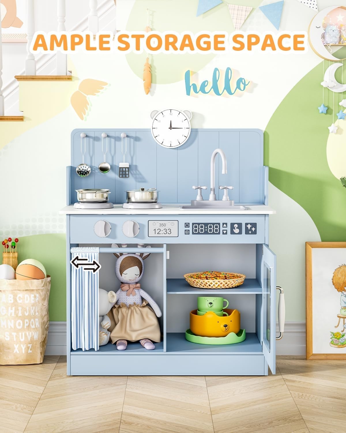 Wooden Kids Play Kitchen Blue Cooker Sink Toy Set w Storage & Clock