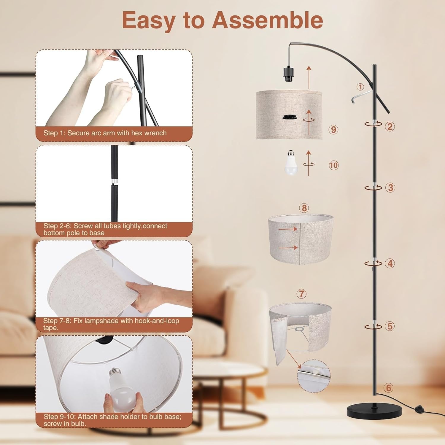 Arc Floor Lamp Dimmable Remote Control 3 Colour Temps E27 Modern Reading
