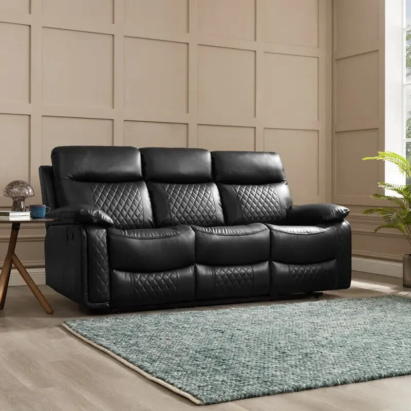 Black Faux Leather 3 Seater Recliner Sofa Manual Lounge Couch Padded