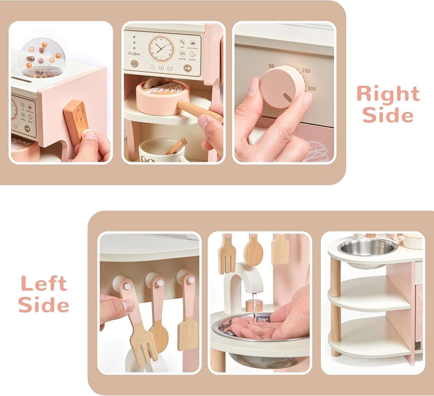 Wooden Kids Play Kitchen Coffee Maker Pretend Cooking Set Pink Toy