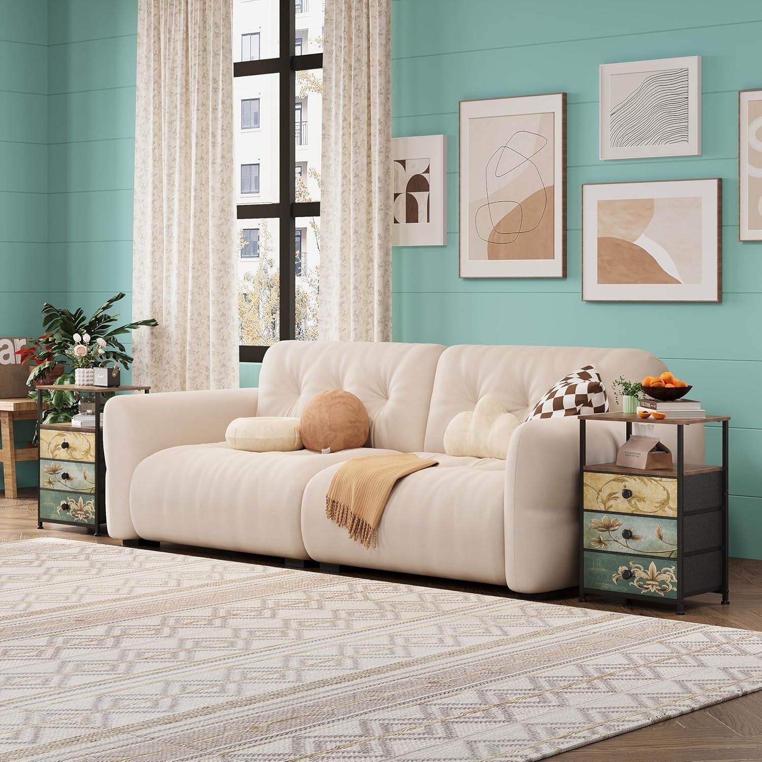 3 Drawer Vintage Wood Dresser with Fabric Drawers | Bedroom Storage Cabinet