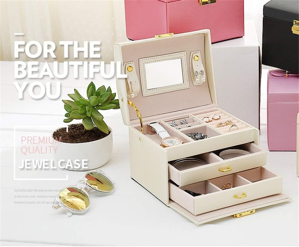 Portable PU Leather Jewelry Chest with Mirror Lock 3 Layer Organizer Case