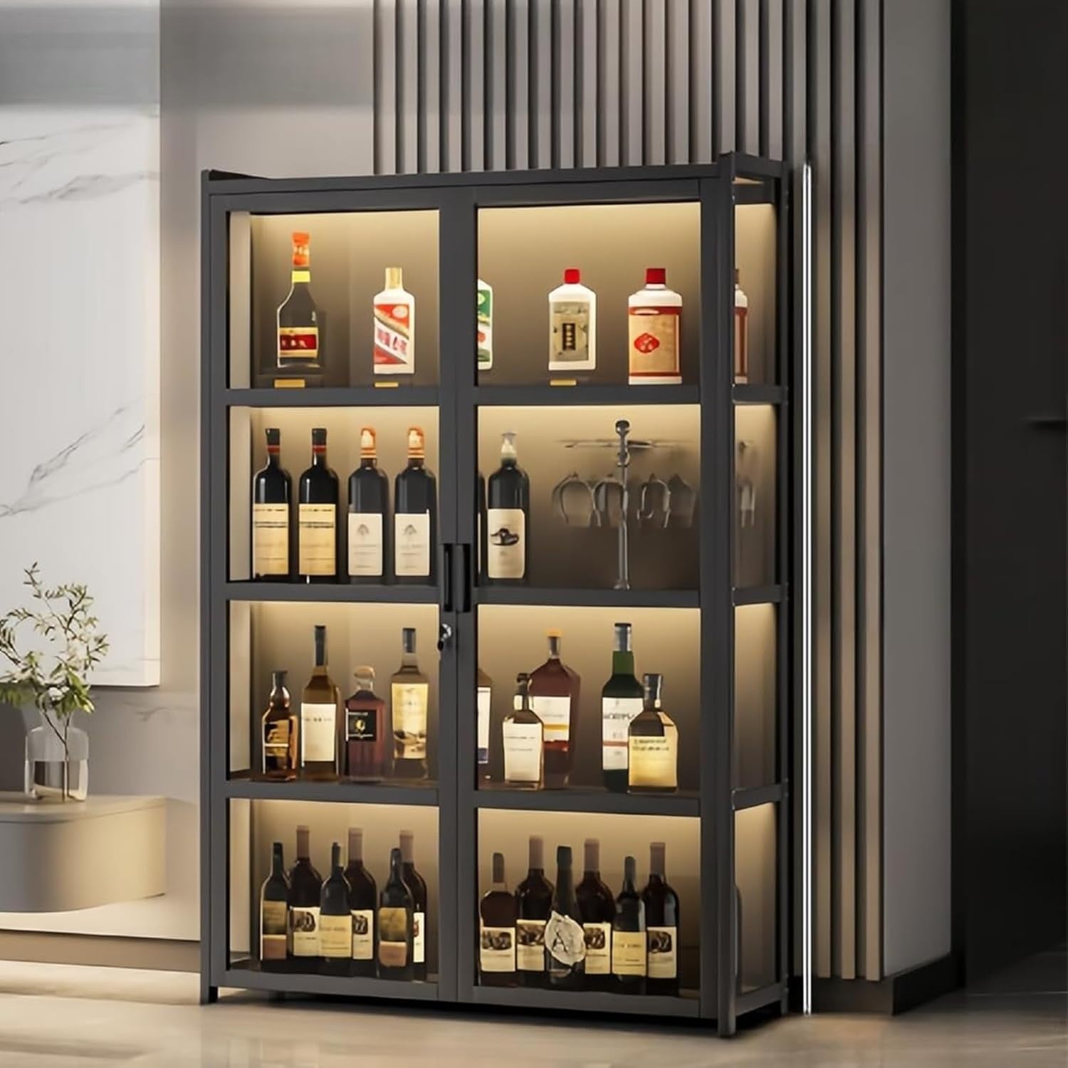 Luxury LED Wine Bar Cabinet Display Unit Lockable Large Drinks Storage 138cm