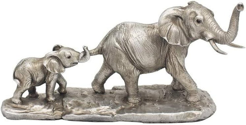 Silver Elephant & Calf Ornament | Elegant Wildlife Figurine for Home Shelf
